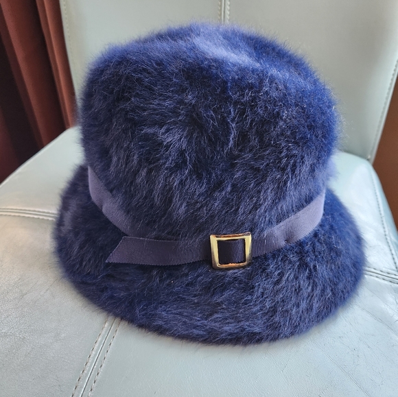 KANGOL Vtg NAVY Furgora Rachel Angora Bucket Hat Buckle England Furry EUVC - Picture 5 of 16